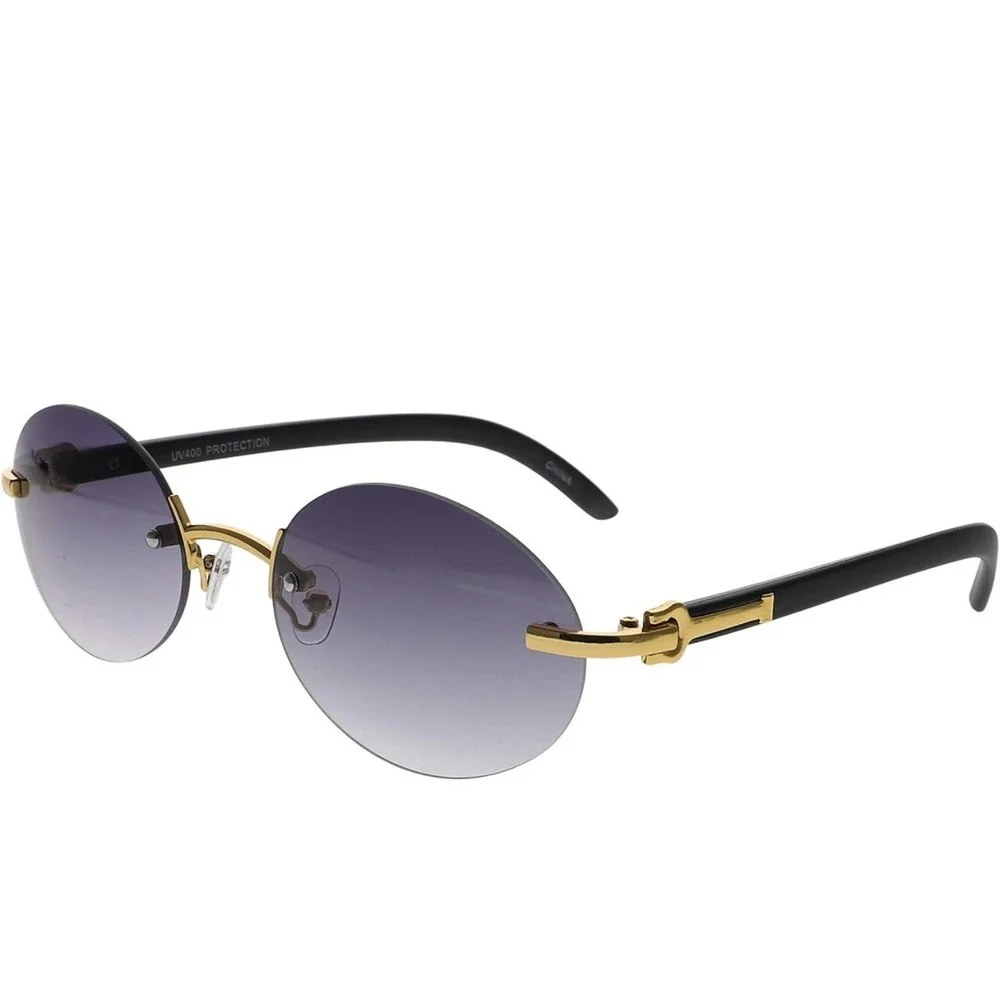 Rimless Sunglasses Oval Lens Gold Accents Fashion Shades Gradient Black Lens New
